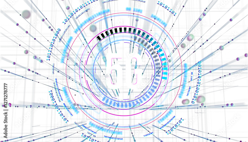 Abstract digital background featuring 5G technology with high-speed data, binary code, and network connections on a futuristic white backdrop. 3D Rendering. Abstract digital background featuring 5G technology with high-speed data, binary code, and network connections on a futuristic white backdrop. 3D Rendering.