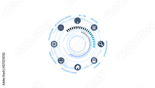 Abstract futuristic digital interface with circular elements, icons, and binary code on a white background. Concept of technology and innovation. 3D Rendering. photo