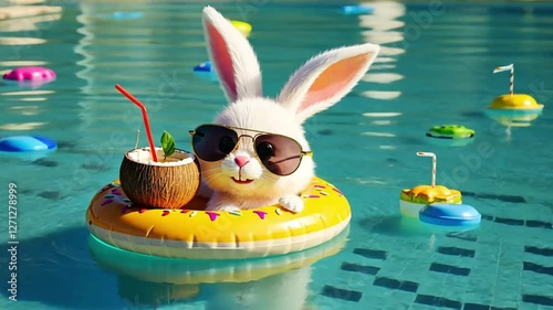 Cheerful bunny with glasses with cocktail and inflatable circle in pool