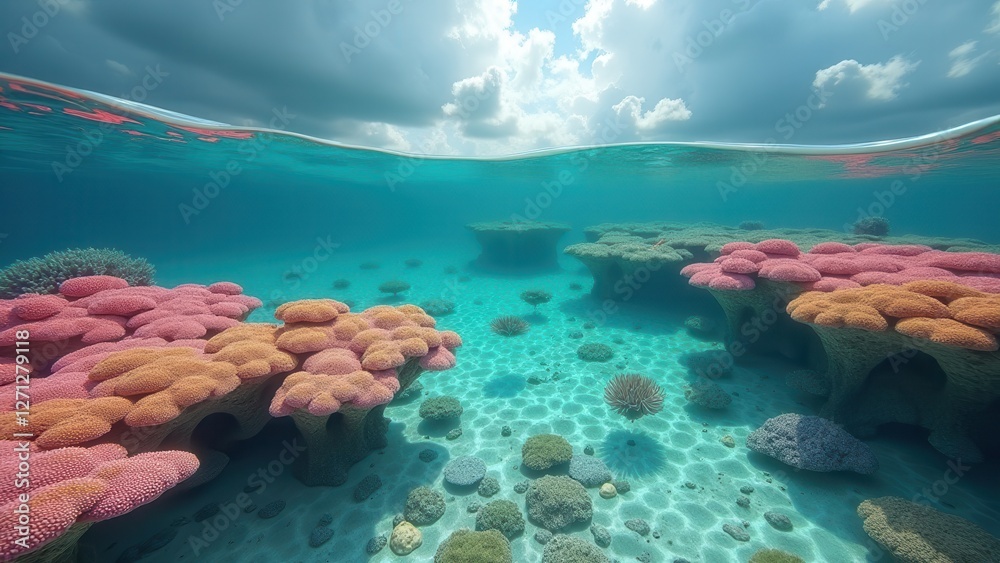 Obraz premium Vibrant coral formations on a rocky tropical shoreline with turquoise waters 