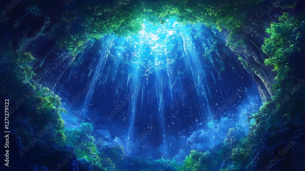 Fototapeta premium Ethereal Blue Light Illuminates Lush Forest Canopy. AI Generated