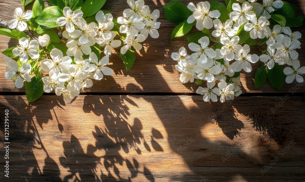 Beautiful white flowers arranged on a wooden surface, casting delicate shadows in soft light Beautiful white flowers arranged on a wooden surface, casting delicate shadows in soft light