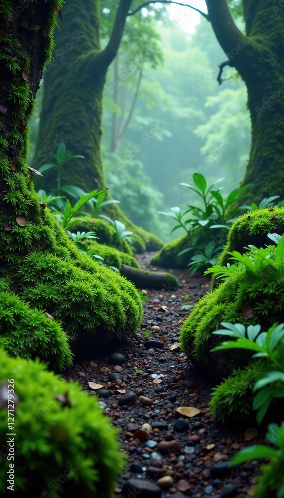 Fototapeta premium Rainforest floor with moss and ferns in a misty atmosphere, rainforest floor, mist, nature