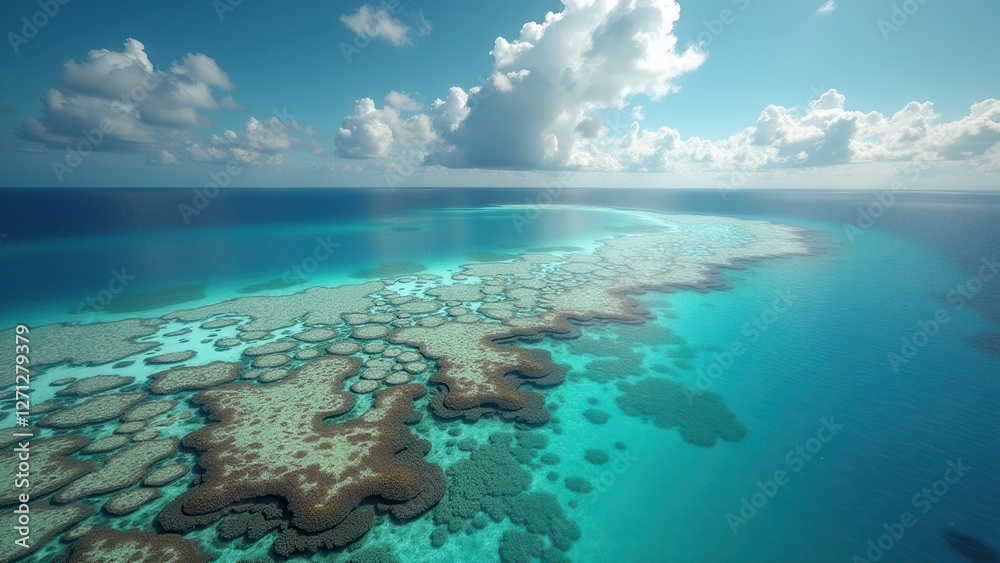Fototapeta premium Vibrant coral formations on a rocky tropical shoreline with turquoise waters 