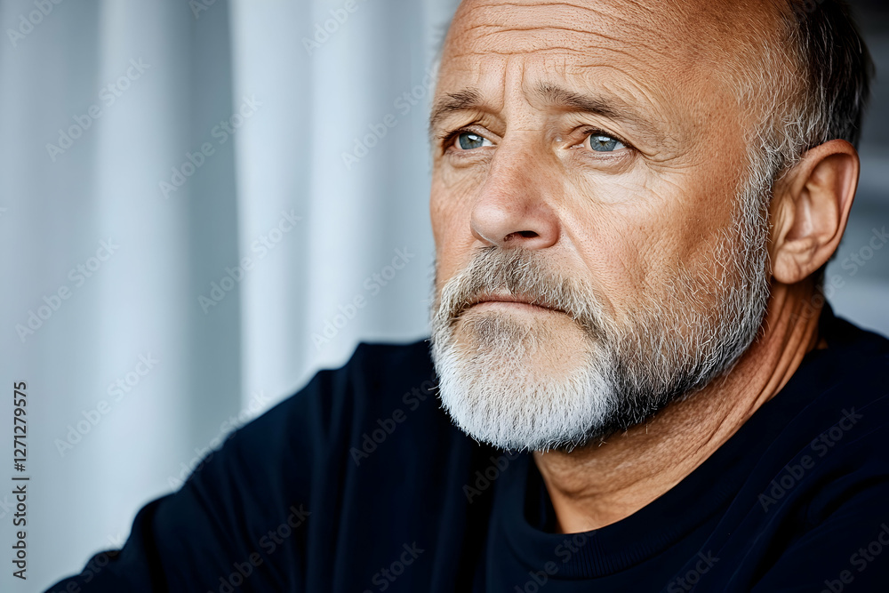 Obraz premium Pensive senior man, indoor portrait, blurred background, thoughtful expression, for emotional storytelling