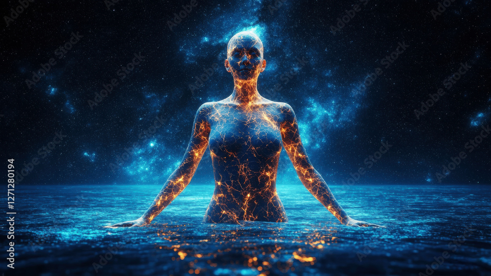 Naklejka premium Luminous human figure on the background of outer space with stars and galaxies. The composition conveys the idea of the unity of the human mind with the cosmos.