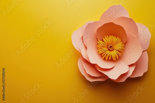 Beautiful Yellow Background Featuring Handmade Paper Flower and Text Space.