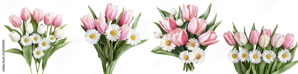 Naklejka premium Vibrant Bouquet of Pink Tulips and Daisies Showcasing the Beauty of Spring Florals A collection of fresh delicate blooms in a stunning floral arrangement perfect for home decor gifts