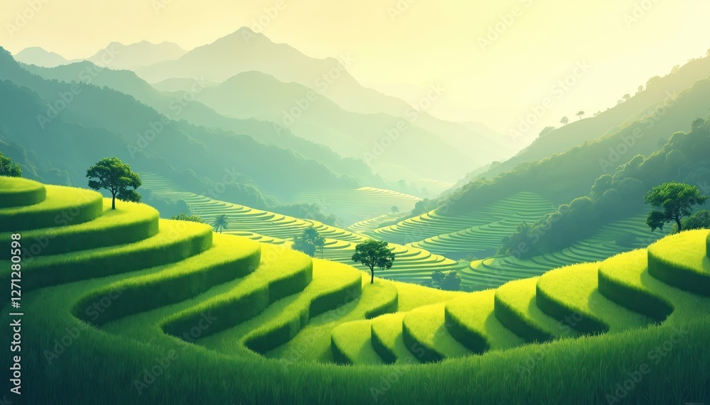 Fototapeta premium Green rice terraces cascade down hillsides forming beautiful landscape. Idyllic rural scenery ideal for backgrounds, travel photos featuring agriculture. Valley surrounded by mountains.