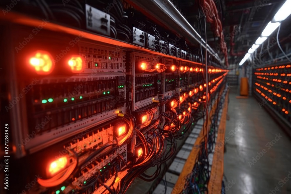 Obraz premium Effective Server Rack Setup with Bright Indicators in a Data Center at Nighttime