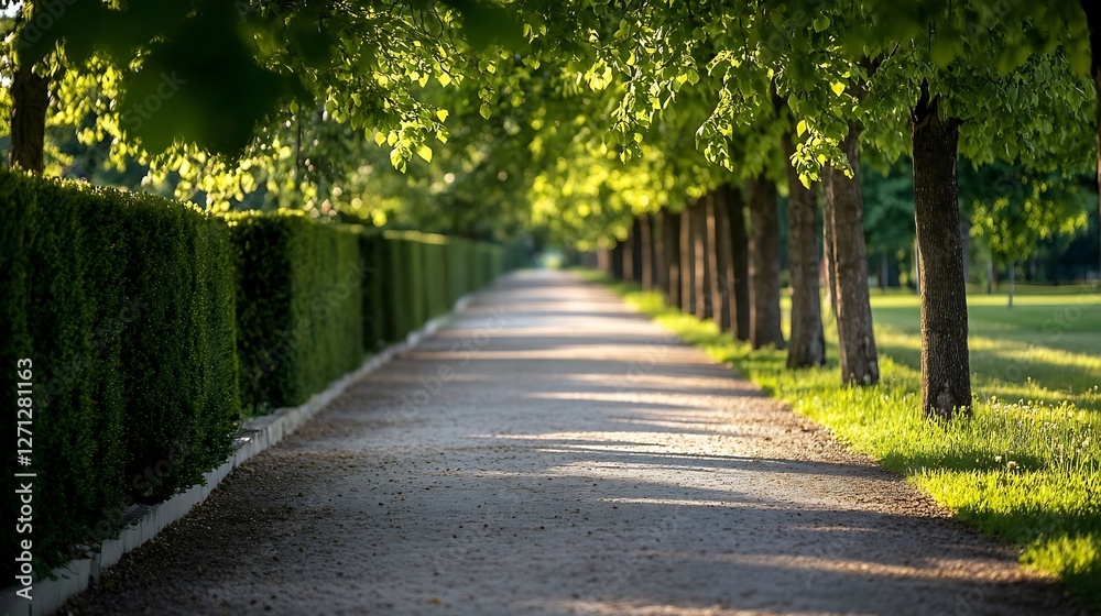 Quiet pathway lined with tall trees showcasing sunlight filtering through leaves : Generative AI Quiet pathway lined with tall trees showcasing sunlight filtering through leaves : Generative AI