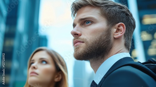 A businessman in a sharp suit stands at a bustling intersection, a look of bewilderment on his face as he navigates a foreign city.