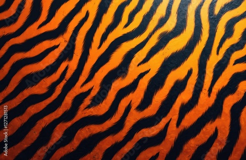 Vibrant tiger skin pattern background. Deep orange, black stripes create wild animal texture. Great for wallpaper, textile, fashion, or abstract design projects. Seamless, jungle themed design. photo