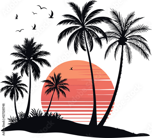 Minimalistic Black Silhouette Vector Illustration of a Tropical Sunset with Palm Trees, Serene Beach, Ocean Horizon, Exotic Island, Golden Hour, Summer Vibes, Coastal Landscape, and Relaxing Nature Sc