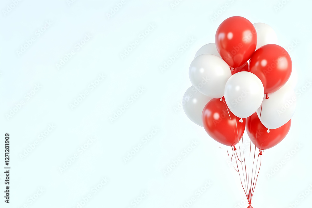 Red and white balloons float against a light blue background Red and white balloons float against a light blue background