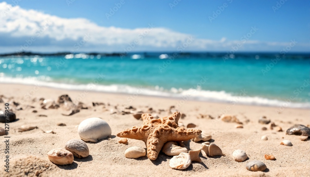 seashells and starfish on the beach. seashells and starfish on the beach.