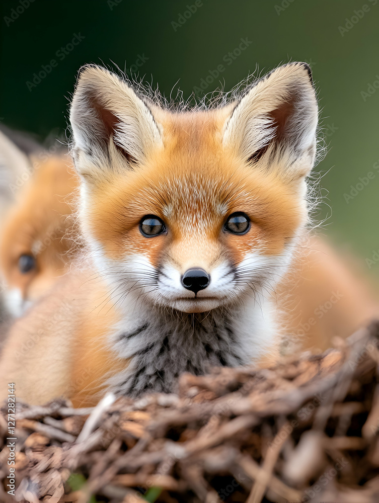 Red fox kit peeking from den, wildlife scene Red fox kit peeking from den, wildlife scene