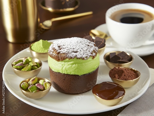 Chocolate and matcha souffle with powdered sugar on top, served with pistachios, cocoa powder, melted chocolate, and dark chocolate pieces on a white plate with a cup of black coffee in the background