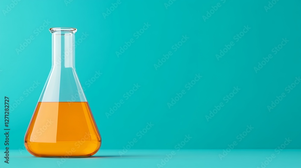 Clear Glass Laboratory Flask Containing Bright Orange Liquid on Turquoise Background Clear Glass Laboratory Flask Containing Bright Orange Liquid on Turquoise Background