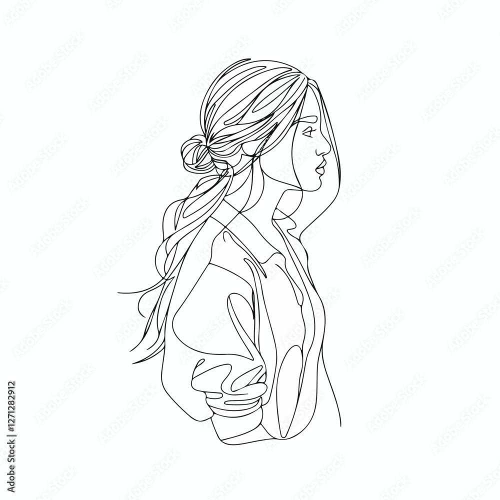 Minimalist line art depicts a woman in profile Minimalist line art depicts a woman in profile