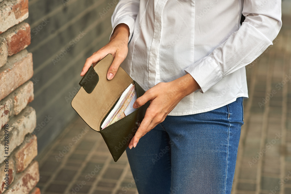 Woman's hands handling money, holding wallet with banknotes, dressed in casual outfit, outdoor brick wall background, finance concept