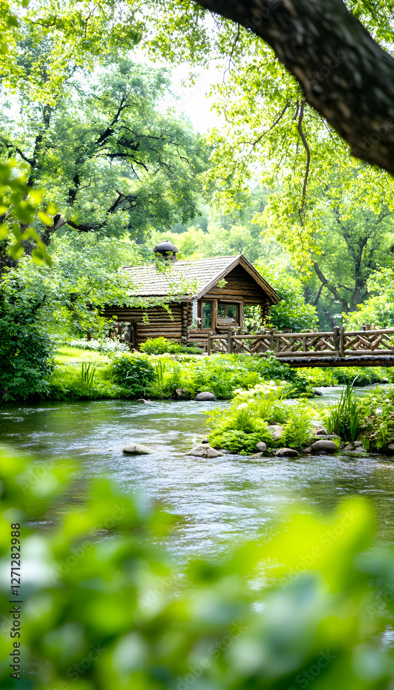 Rustic cabin by river, green foliage, tranquil scene, nature escape Rustic cabin by river, green foliage, tranquil scene, nature escape