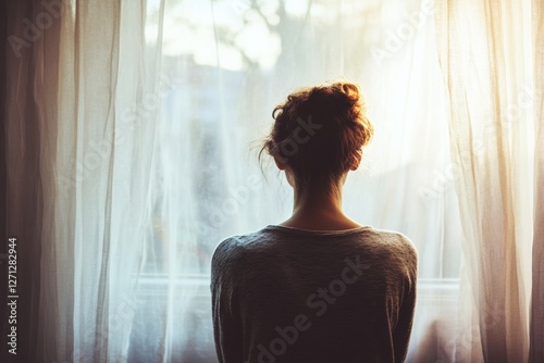 person staring out of a large window, lost in thought, with soft light and a serene atmosphere, minimal background with copy space