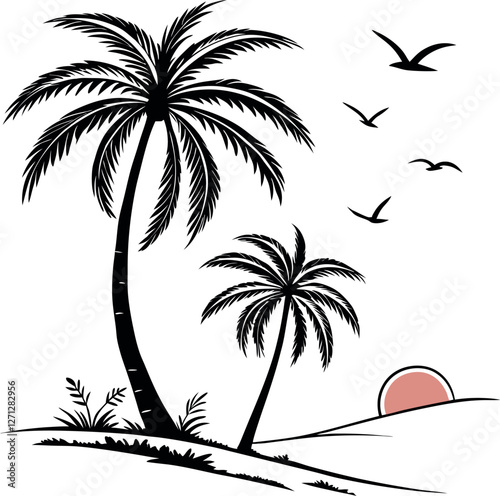 Minimalistic Black Silhouette Vector Illustration of a Tropical Sunset with Palm Trees, Serene Beach, Ocean Horizon, Exotic Island, Golden Hour, Summer Vibes, Coastal Landscape, and Relaxing Nature Sc