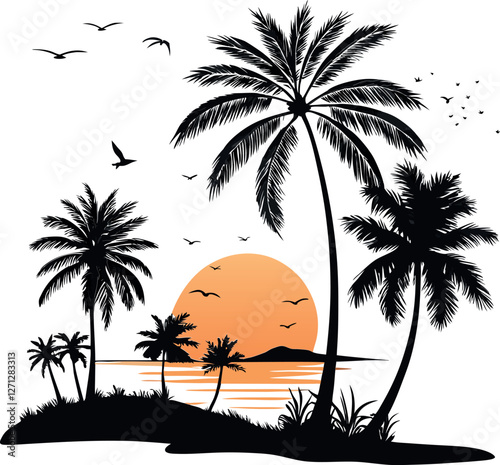 Minimalistic Black Silhouette Vector Illustration of a Tropical Sunset with Palm Trees, Serene Beach, Ocean Horizon, Exotic Island, Golden Hour, Summer Vibes, Coastal Landscape, and Relaxing Nature Sc