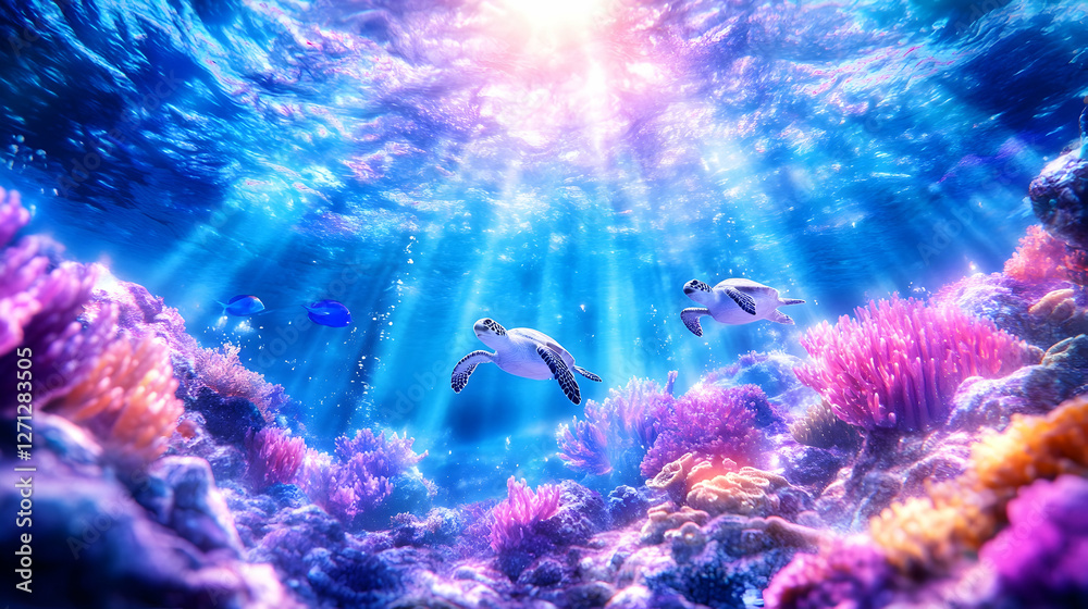 Naklejka premium Sea turtles swim in vibrant coral reef, sun rays illuminating ocean floor; underwater scene, nature documentary