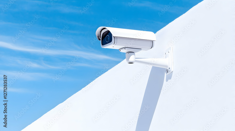 Security camera on white wall, blue sky background Security camera on white wall, blue sky background