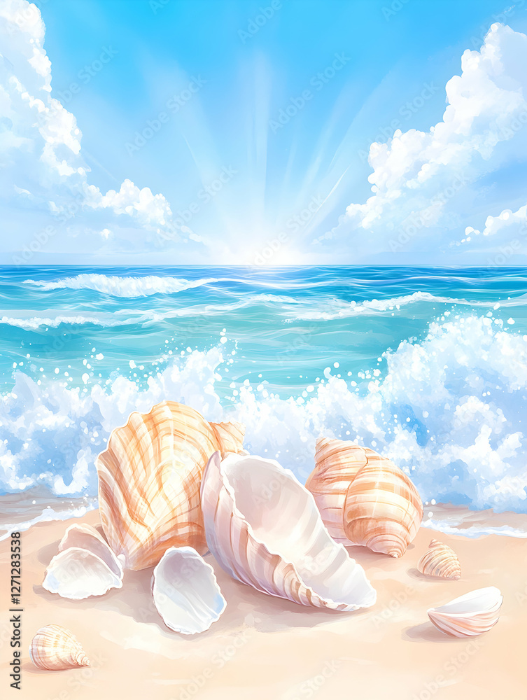 Seashells on sandy beach, ocean waves, sunny sky. Summer vacation poster Seashells on sandy beach, ocean waves, sunny sky. Summer vacation poster
