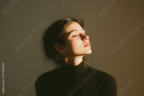 beautiful diverse woman portrait  with an introspective expression, bathed in low, warm lighting, capturing a demure mood, minimal background with copy space
