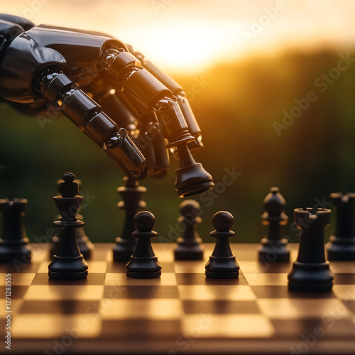 Robot Hand Making Chess Move at Sunset Reflecting Artificial Intelligence Future Strategy Game