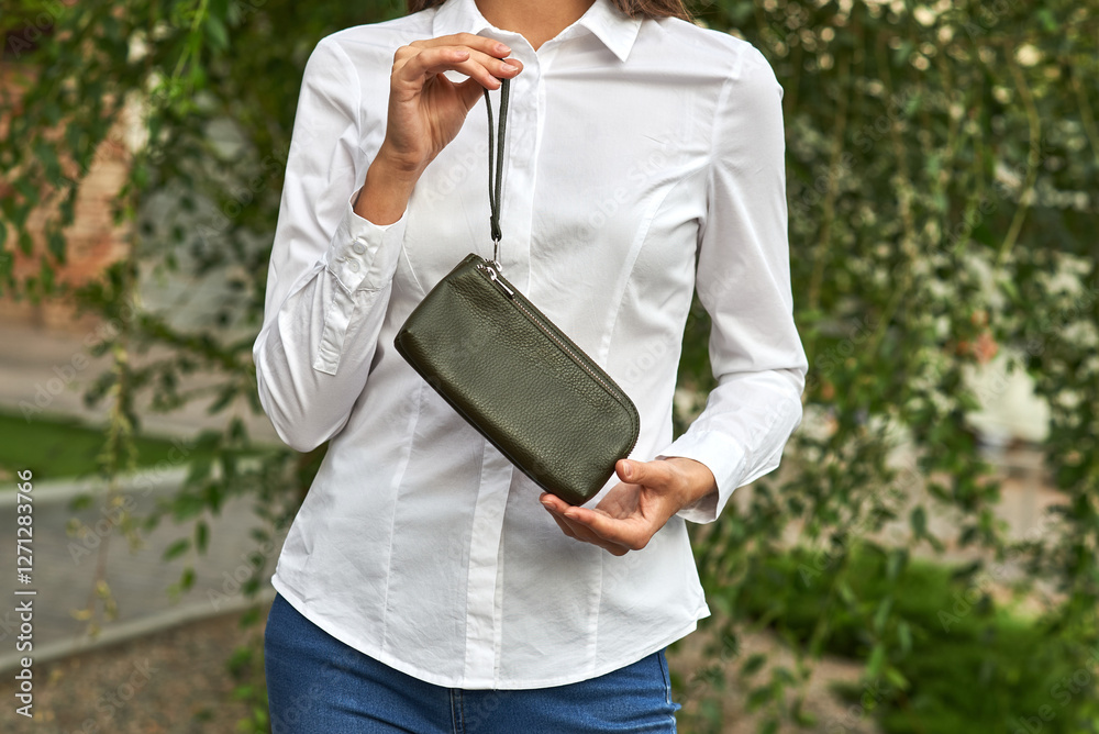Woman in white shirt holding olive green leather purse near outdoor foliage in afternoon sun, fashion accessory concept