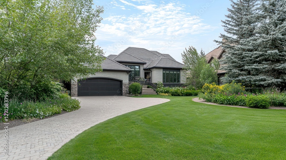 Fototapeta premium Modern Suburban House with Green Lawn and Stone Driveway
