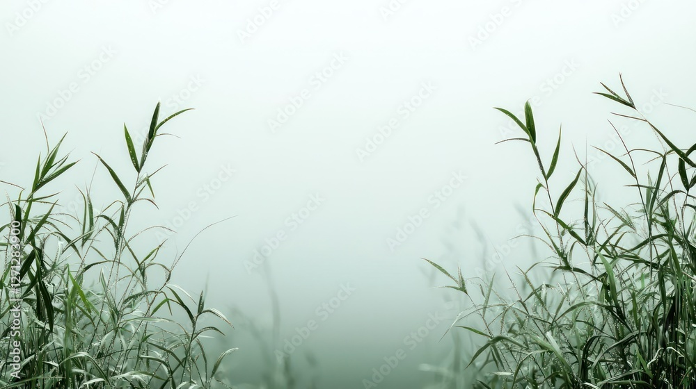 Naklejka premium Green Grass Blades in Misty Foggy Morning Landscape