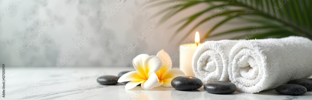 Spa still life composition with white rolled towels, candle, plumeria flower, hot black stones on white marble background. Beauty treatment, wellness, relaxation concept. Aromatherapy salon, zen
