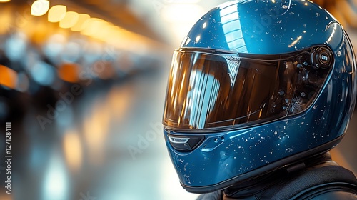 Shiny blue helmet reflects warm interior light showing sleek design and deep color. AI Generated photo