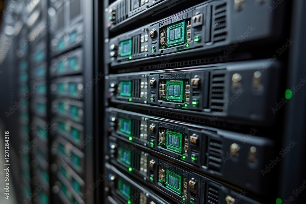 Server rack with active data processing units illuminated by green indicators in a technology facility Server rack with active data processing units illuminated by green indicators in a technology facility