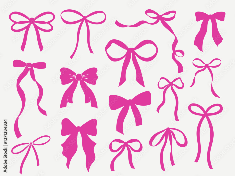 Set of Coquette whimsical hand-drawn pink blue orange green color bows knots and wavy squiggle curly ribbons in trendy, vintage styles. Perfect for quirky holiday, wedding, birthday gift decorations Set of Coquette whimsical hand-drawn pink blue orange green color bows knots and wavy squiggle curly ribbons in trendy, vintage styles. Perfect for quirky holiday, wedding, birthday gift decorations