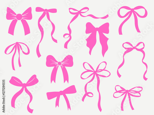 Set of Coquette whimsical hand-drawn pink blue orange green color bows knots and wavy squiggle curly ribbons in trendy, vintage styles. Perfect for quirky holiday, wedding, birthday gift decorations