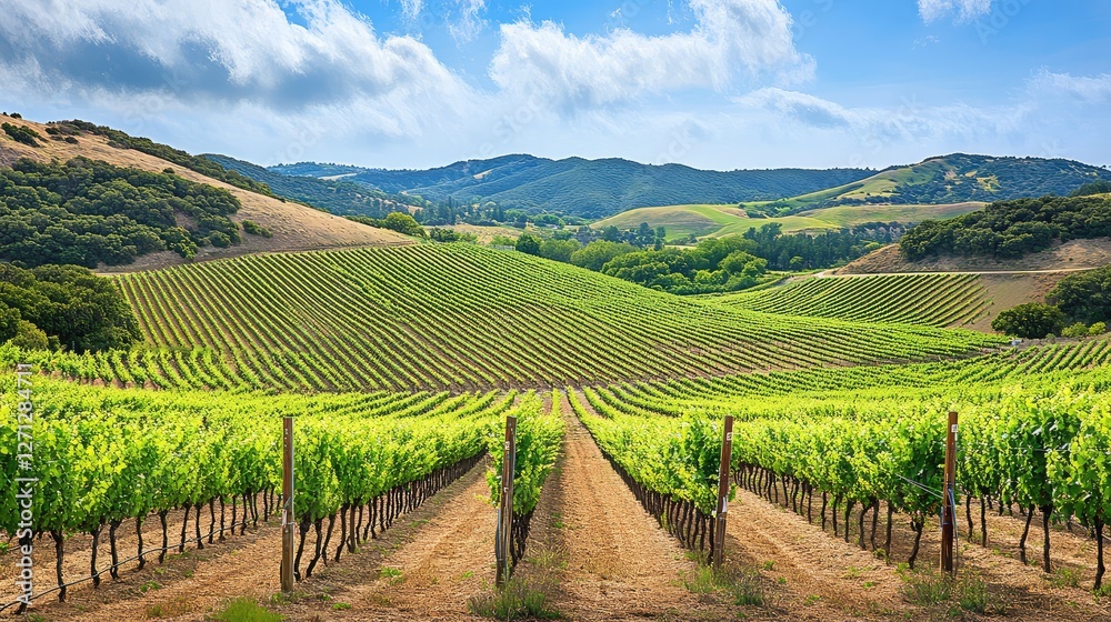Fototapeta premium A tranquil vineyard scene, with rows of grapevines and rolling hills, offering a peaceful backdrop with space for text.
