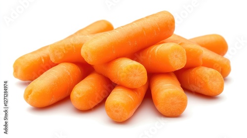 Baby carrots arranged in a diagonal line, leaving plenty of white space around them for text. photo