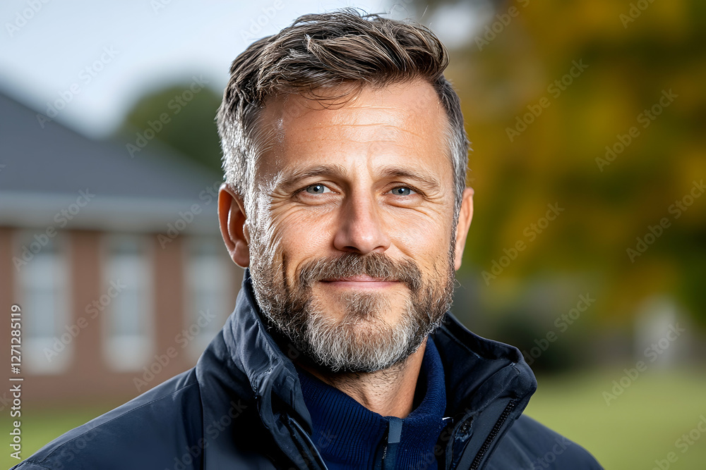 Fototapeta premium Smiling man portrait, autumn background, suburban setting, professional headshot