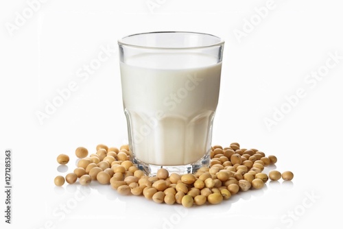 A glass of soy milk with soybeans isolated on white background with clapping path full of depth of field  photo