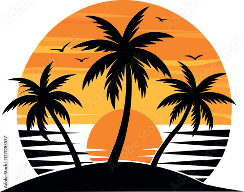 Minimalistic Black Silhouette Vector Illustration of a Tropical Sunset with Palm Trees, Serene Beach, Ocean Horizon, Exotic Island, Golden Hour, Summer Vibes, Coastal Landscape, and Relaxing Nature Sc
