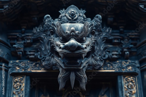 Close up view of a menacing dragon head sculpture adorning a traditional temple gate, showcasing intricate craftsmanship and cultural symbolism photo