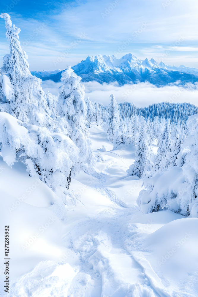 Obraz premium Snowy mountain path, winter wonderland, scenic view, travel poster
