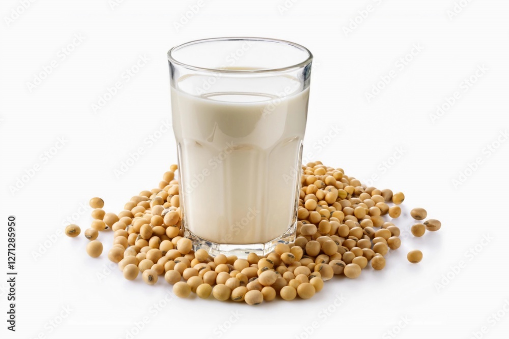 A glass of soy milk with soybeans isolated on white background with clapping path full of depth of field A glass of soy milk with soybeans isolated on white background with clapping path full of depth of field
